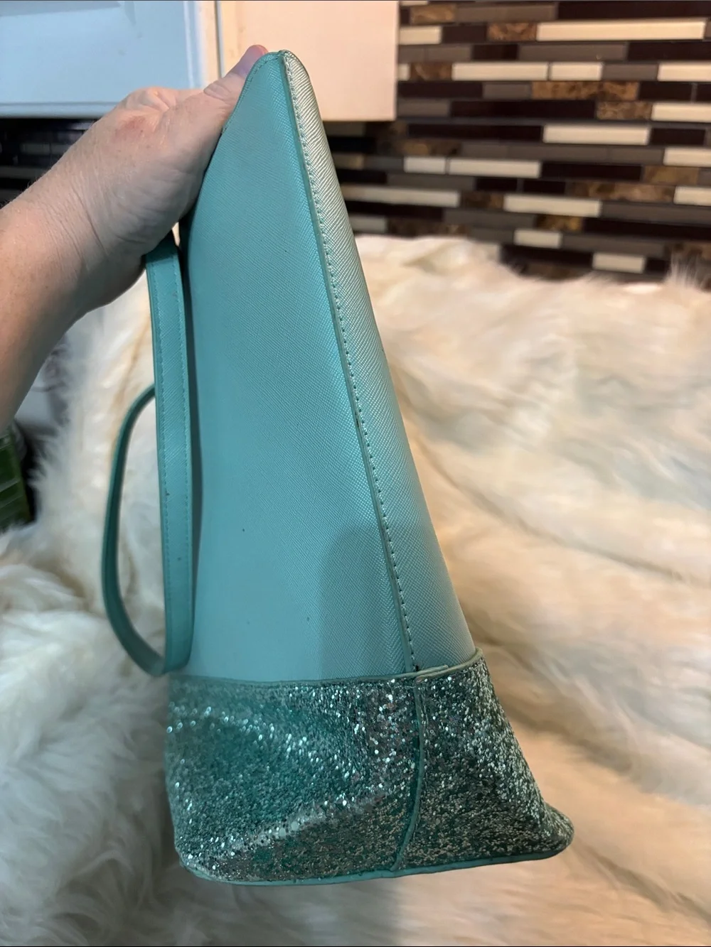 kate spade mint green tote with glitter trim and matching wallet